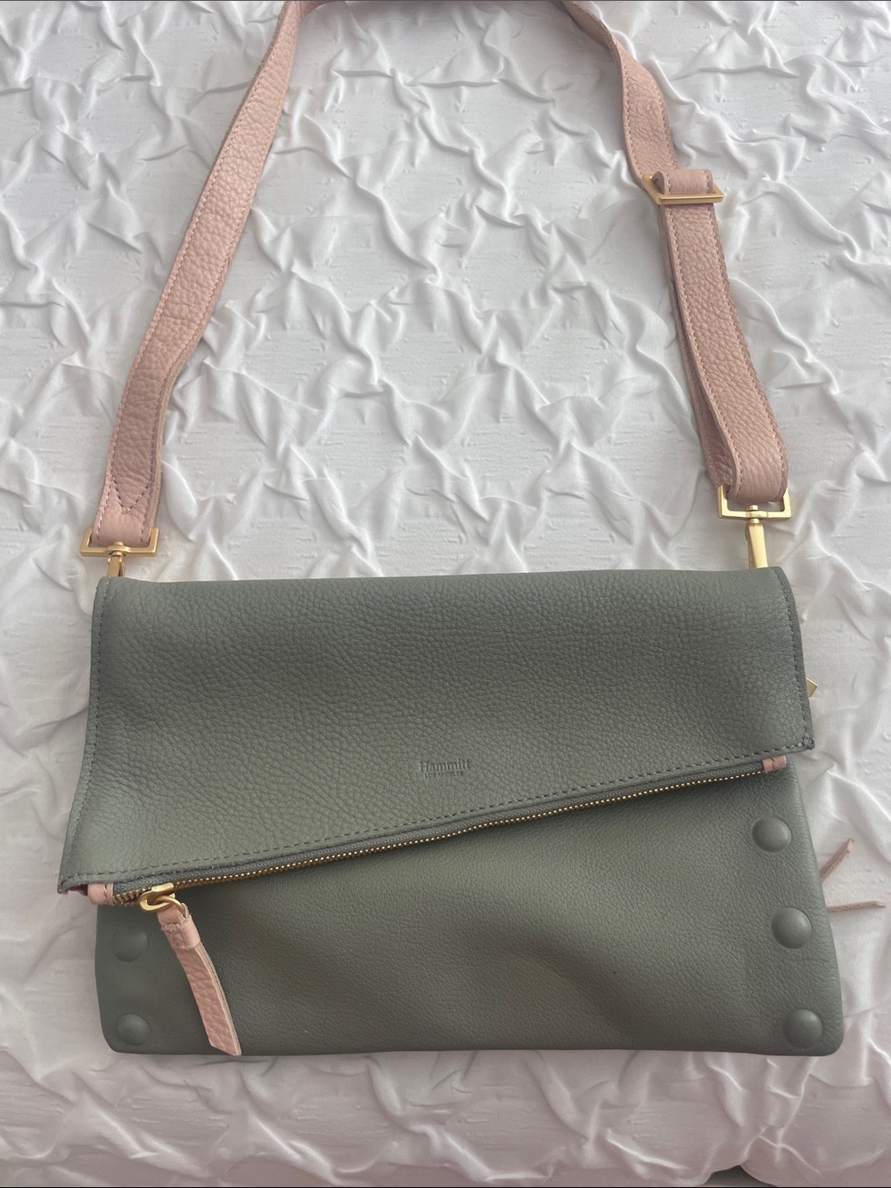 Leather Fold-Over Crossbody Bag in Sage with Pink Strap